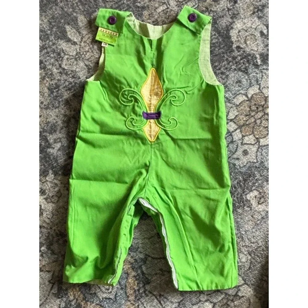 Le Za Me Baby 6M Reversible Mardi Gras Fleur de Lis Green Gingham Romper
